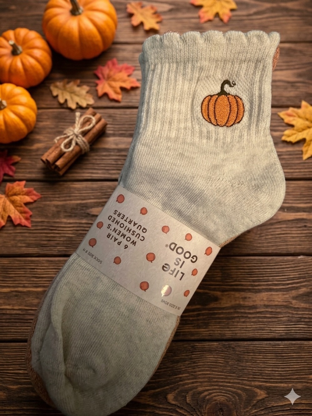 Life Is Good 6 pairs of Crew Socks with Embroidered Orange Pumpkin fall themed